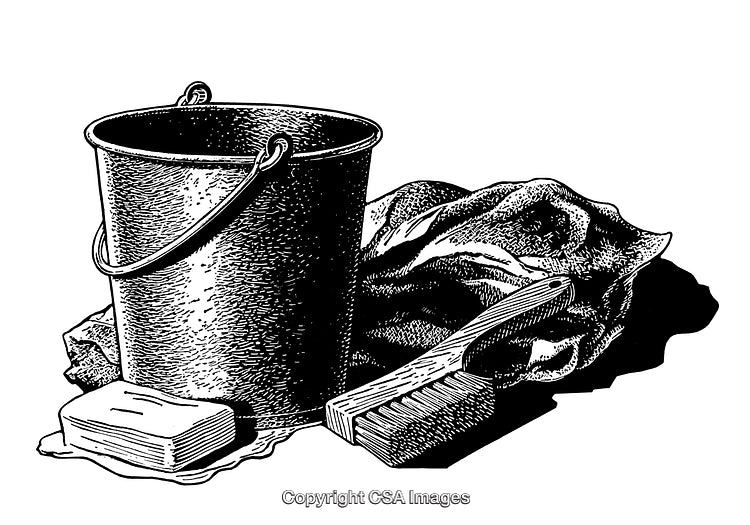 Detailed Black And White Engraving of Cleaning Supplies and Tools
