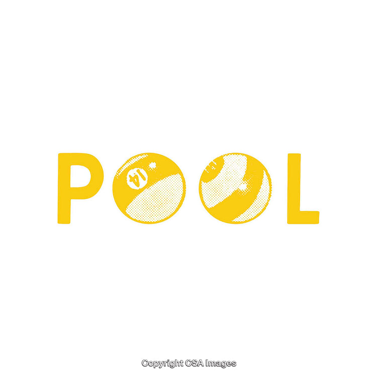 Minimalist Yellow "Pool" Design Featuring Stylized Lettering and Pool Balls
