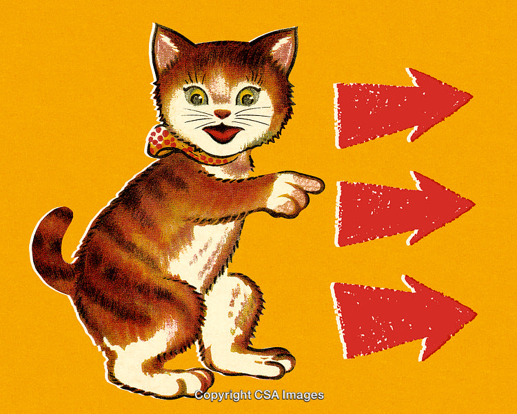 Illustration of a Lively Cat Pointing to Red Arrows on Yellow Background