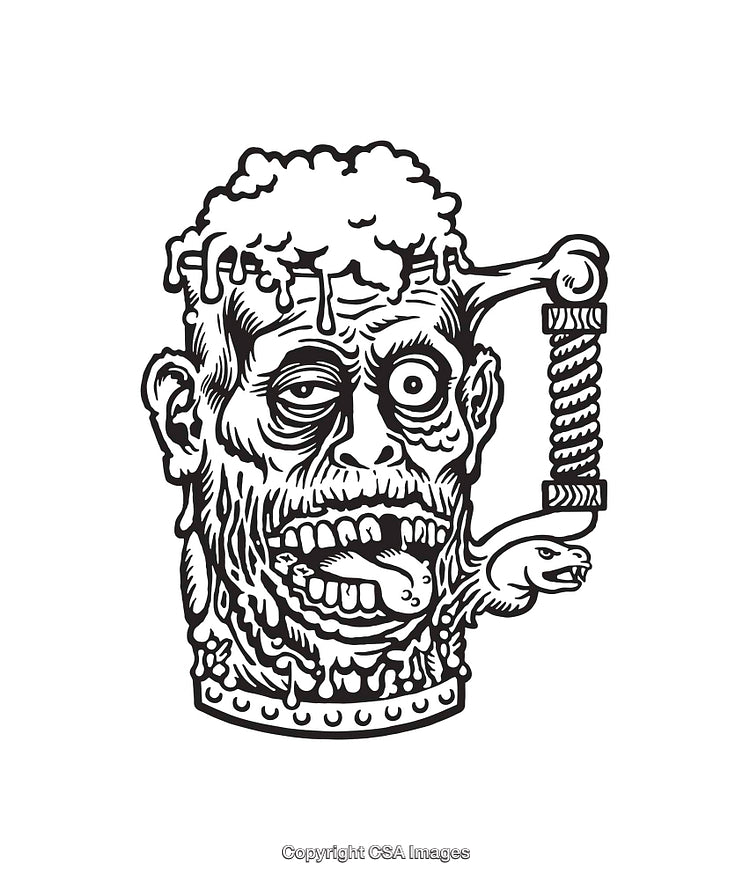 Black and White Illustration of Zombie Mug Line Art with Exaggerated Features