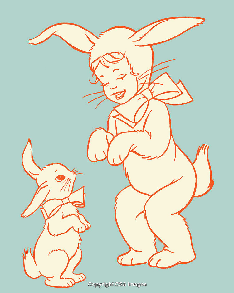 Child in Bunny Costume Interacting with Rabbit in Whimsical Illustration