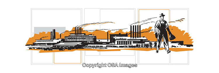 Industrial Worker Illustration with Factories and Smokestacks in Stylized Design
