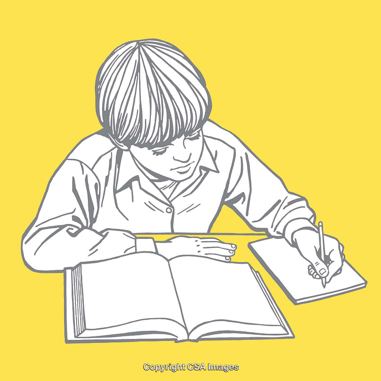 Colorful Line Art of a Child Writing and Studying at a Desk