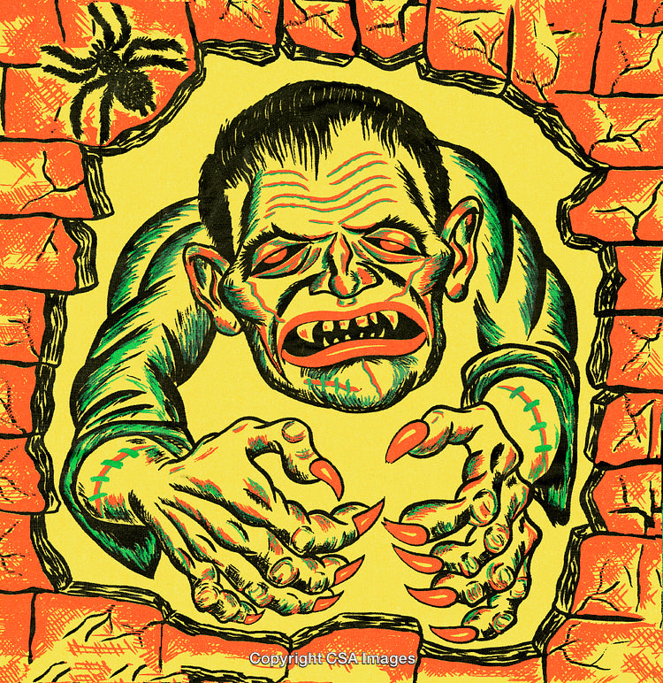 Vintage Illustration of Monster Emerging Through a Brick Wall