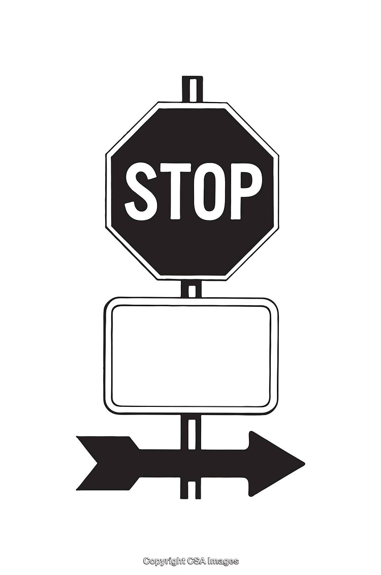 Black and White Stop Sign With Arrow Line Drawing Illustration