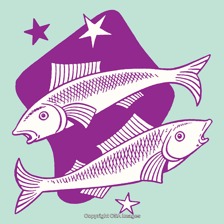 Illustration of Two Fishes With Purple and Green Abstract Background