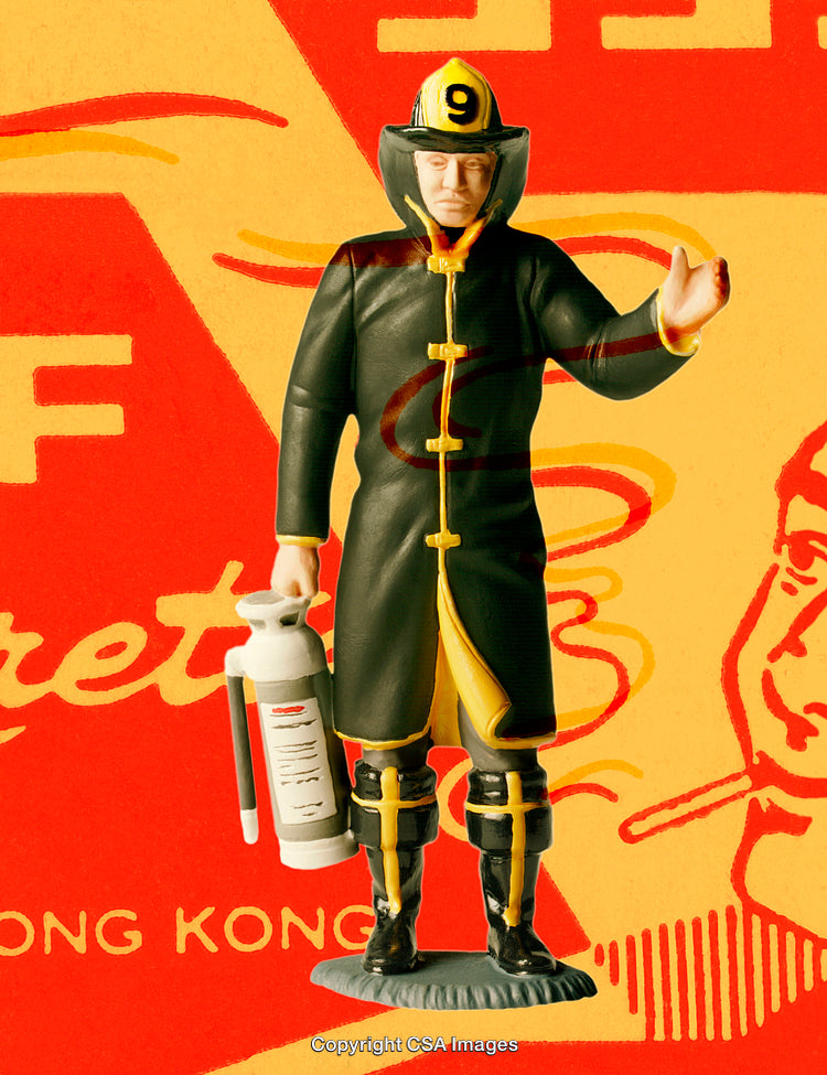 Vintage Firefighter Toy Figure with Bright Artistic Background Elements
