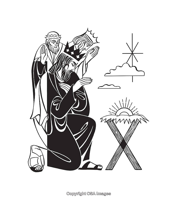 Black and White Line Art of Biblical Scene with Three Infants
