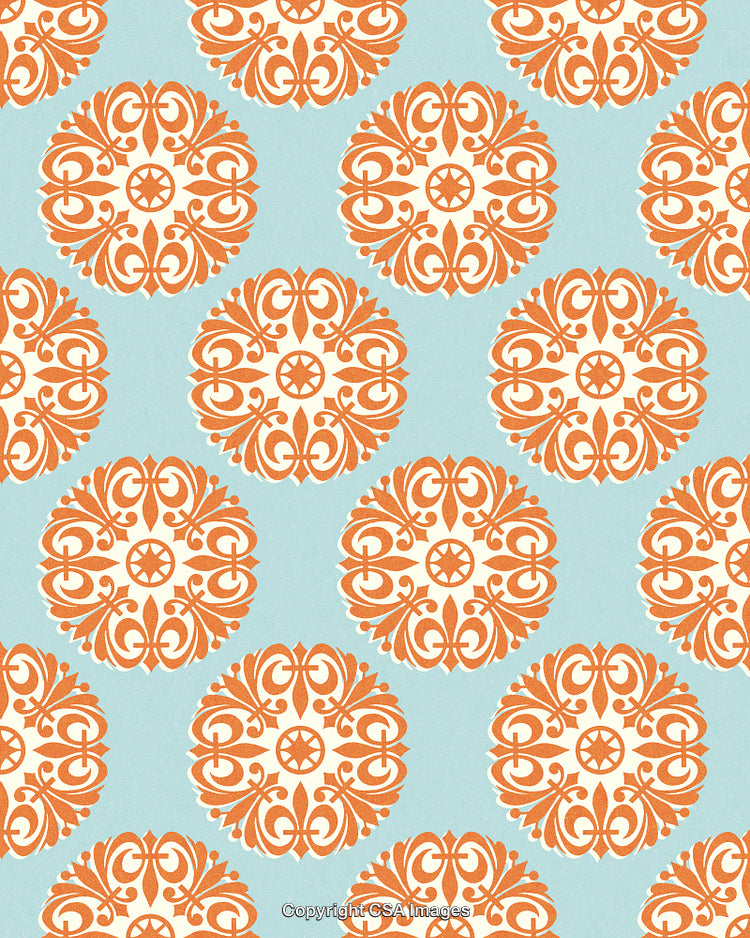 Orange Fleur De Lis Pattern on Blue Background