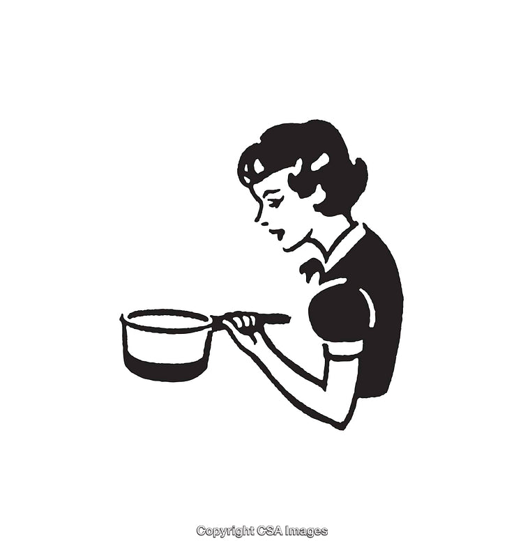 Vintage Black and White Line Art of Woman Cooking in Kitchen