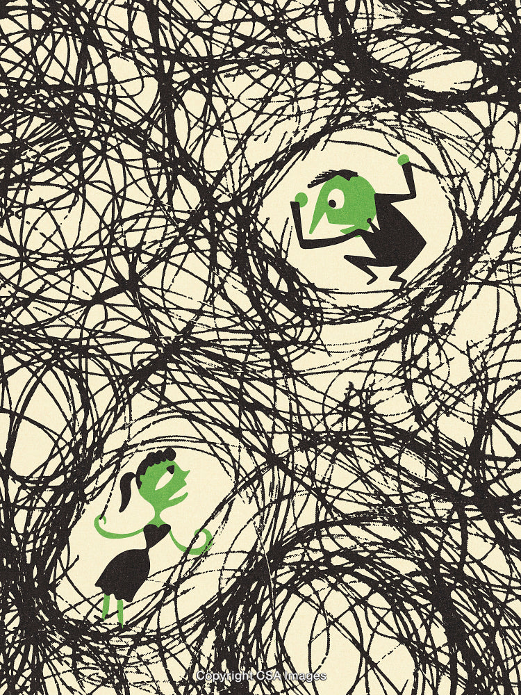 Abstract Illustration of Two Characters Entwined in Chaotic Black Lines
