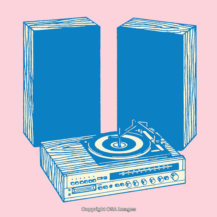 Retro Blue Line Art Illustration of a Turntable With Speakers