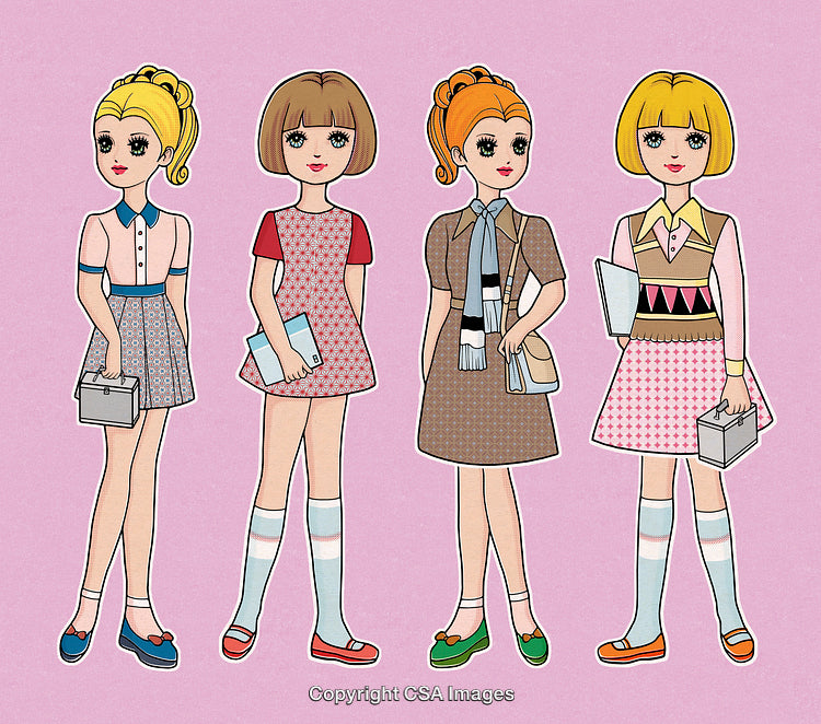 Retro Styled Illustration of Four Cute Cartoon Girls in Fashionable Outfits