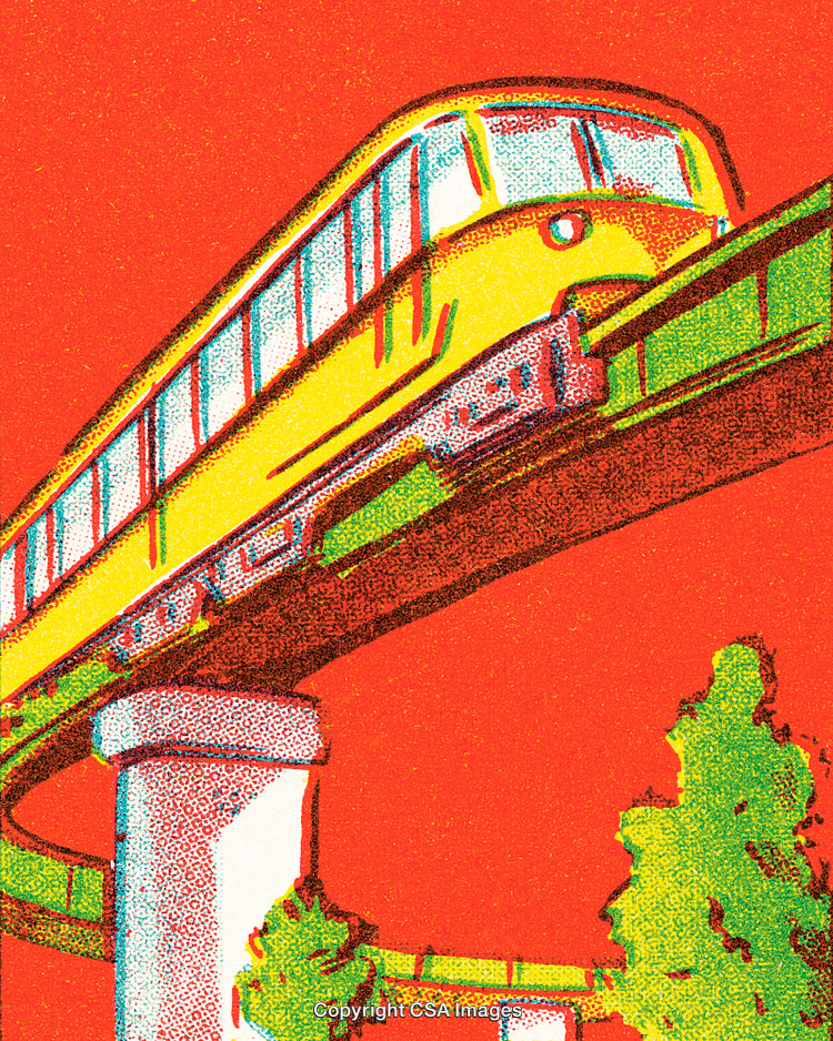 Bright Illustration of a Monorail Train on a Raised Track