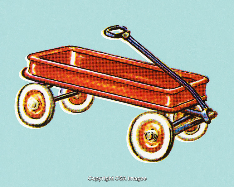 Retro Red Toy Wagon Against a Light Teal Background