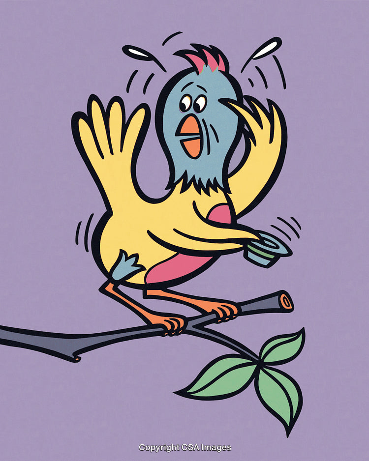 Cartoon Bird Perched on Branch Expressing Shock in Vibrant Colors