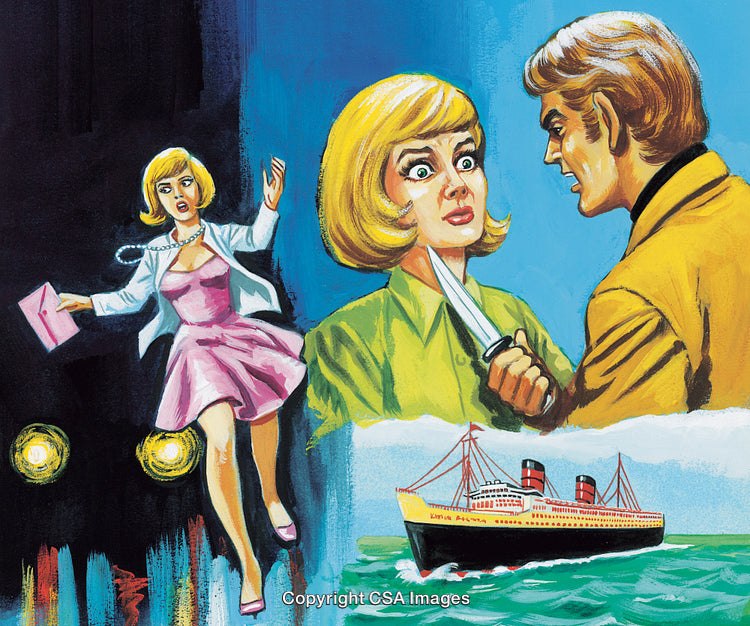 Dramatic Vintage Story Illustration with Tension, Danger, and an Ocean Liner
