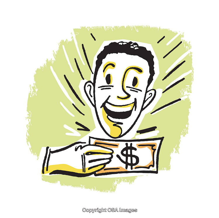 Illustration of Happy Man Holding Dollar Bill with Excitement
