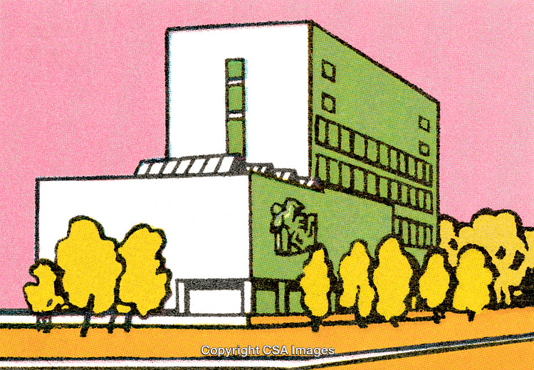 Illustrated Modern Building with Green Façade and Trees on Pink Background