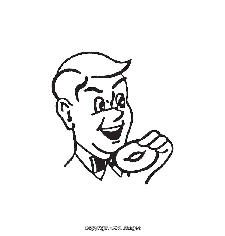 Retro Line Art Illustration of a Man Enjoying a Doughnut