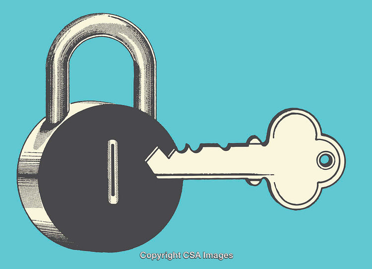 Stylized Padlock and Key Illustration on a Bright Blue Background