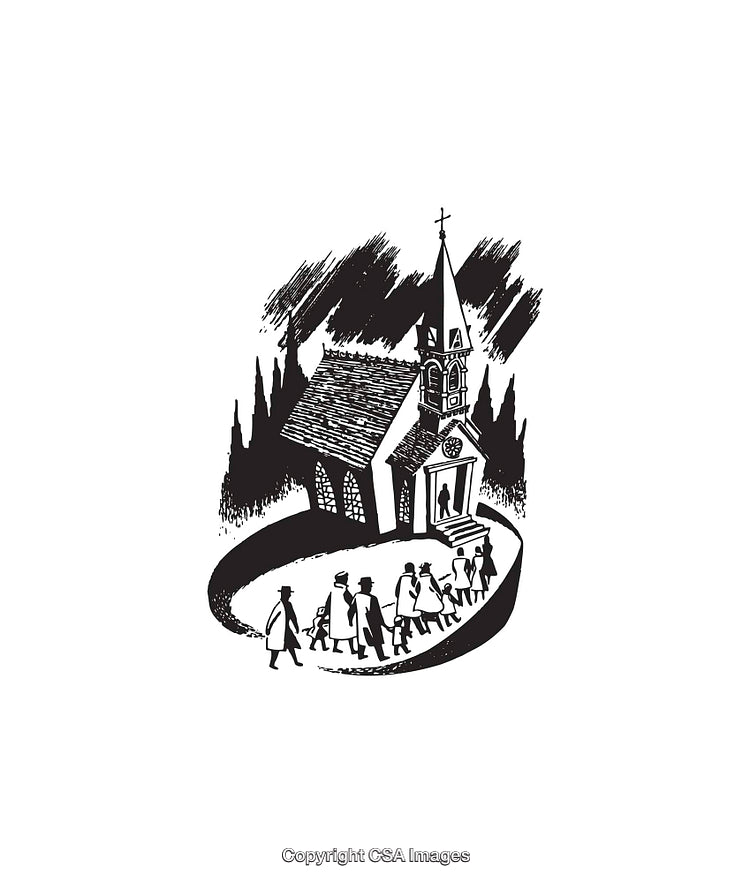 Black and White Line Art of Church With People Arriving