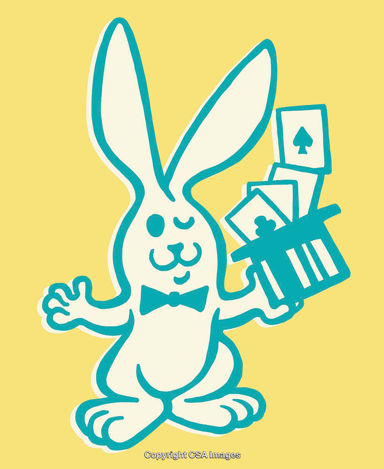 Playful Rabbit with Magic Hat and Cards on Yellow Background