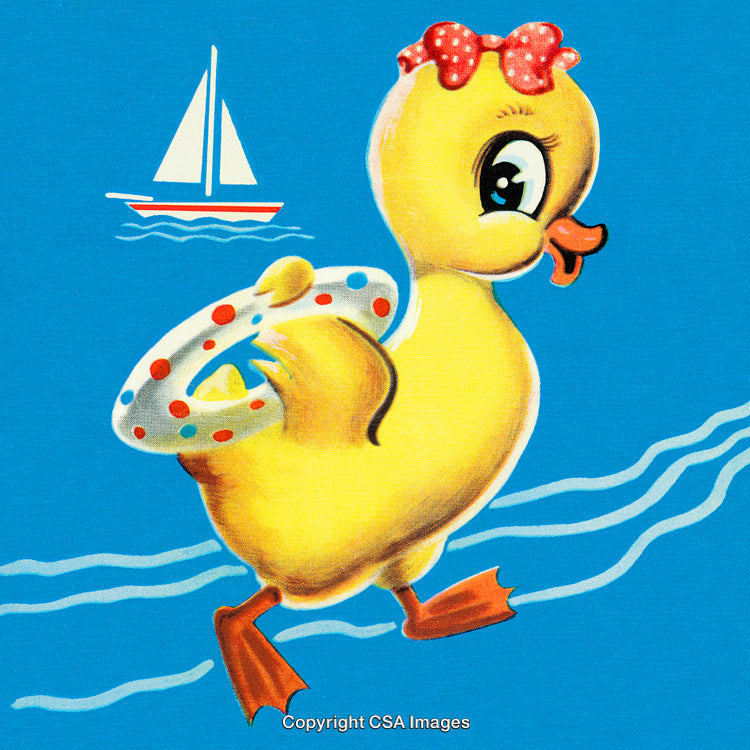 Cute Cartoon Duck with Float and Sailboat in Summer Scene