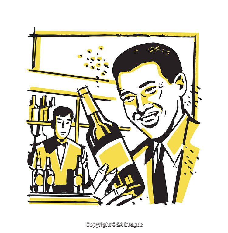 Retro Illustration of Men in a Bar Holding a Bottle