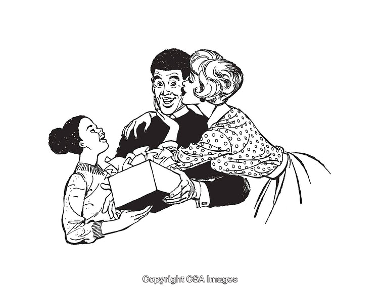 Black and White Line Art of Family Embracing with a Gift