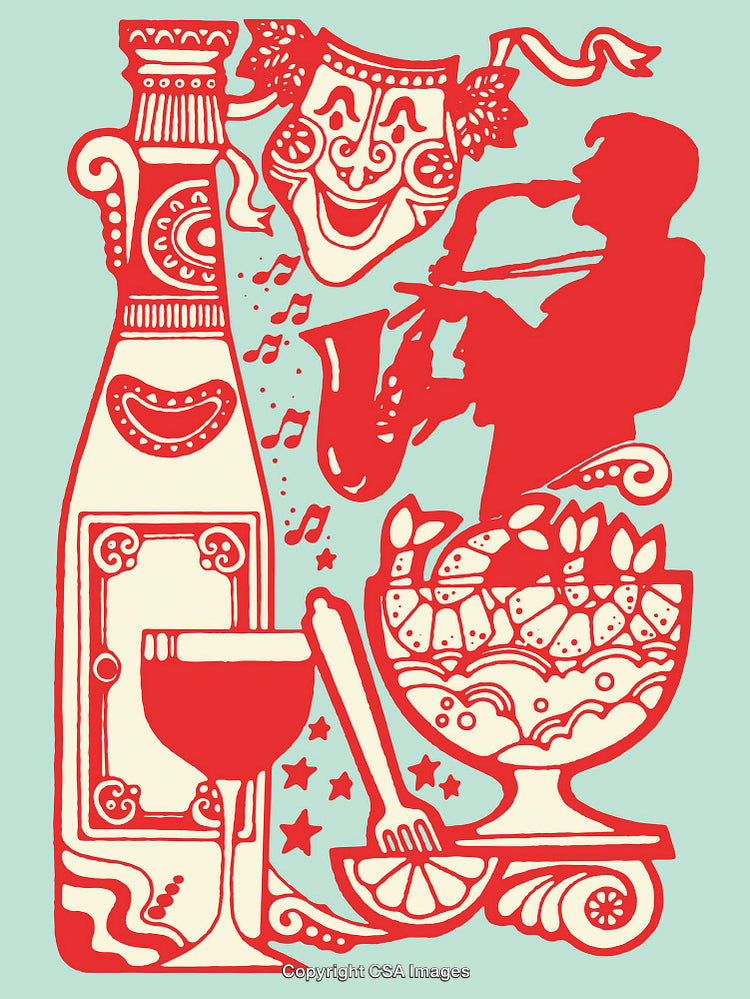 Abstract Colorful Composition of Saxophone, Wine, and Culinary Celebration
