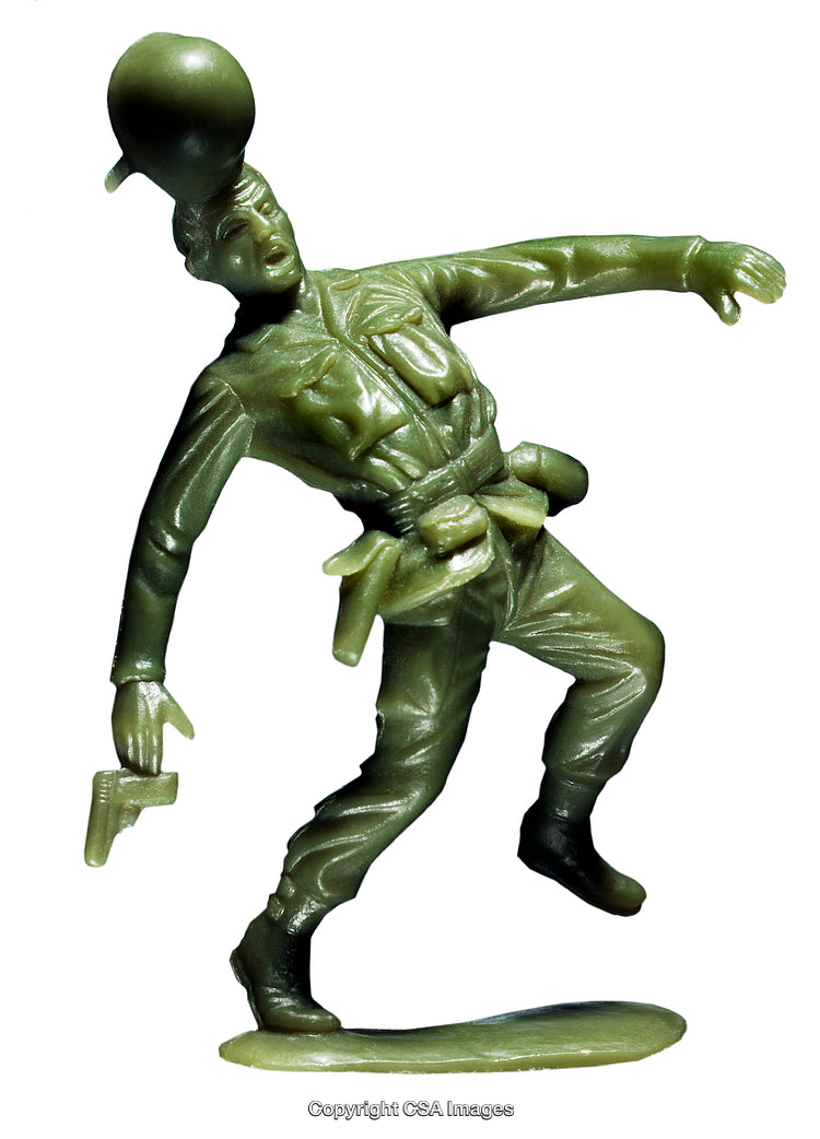 Green Plastic Toy Soldier Leaning With Balloon On Head