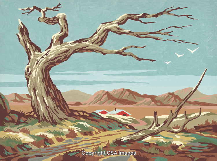 Scenic Countryside with Lone Tree and Hills in Paint by Number Style