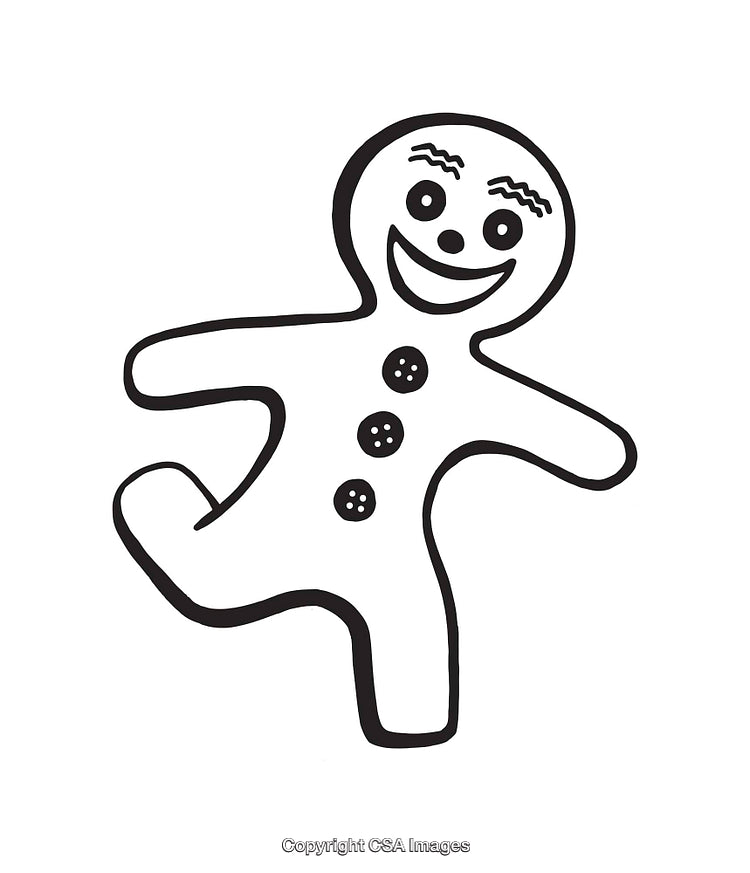 Black and White Illustration of a Joyful Gingerbread Man Character