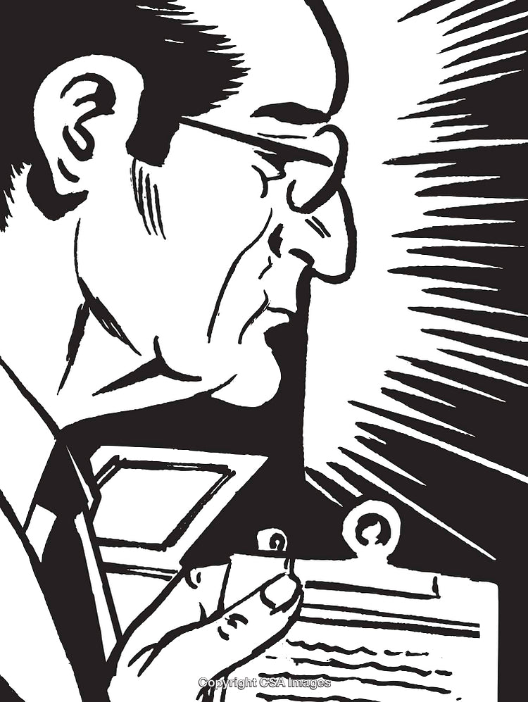 Black and White Illustration of a Man Holding Documents and Wearing Glasses