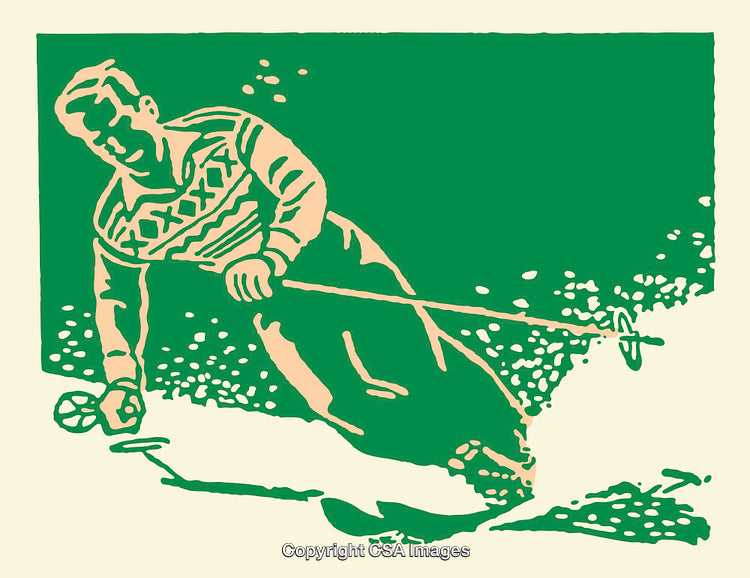 Vintage Green Line Art Illustration of a Man Skiing Downhill