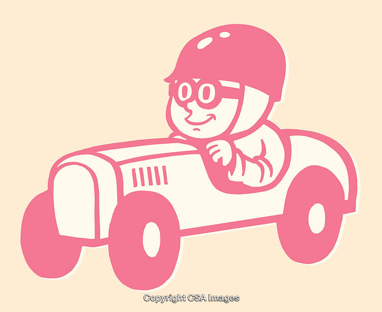 Playful Cartoon Drawing of a Child Riding a Vintage Toy Car