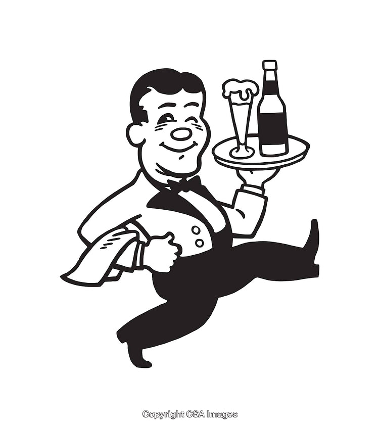 Black and White Illustration of a Friendly Waiter Serving Beverages