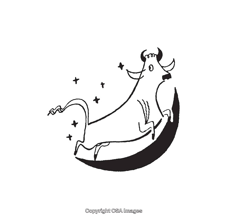 Whimsical Line Art of Cow Leaping Over Crescent Moon