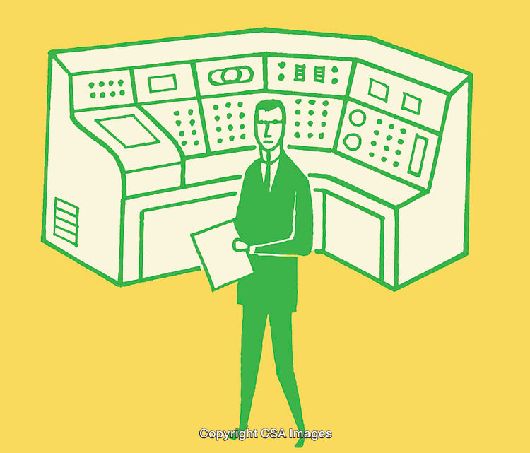 Vintage Line Art of a Person with Control Panel Setup