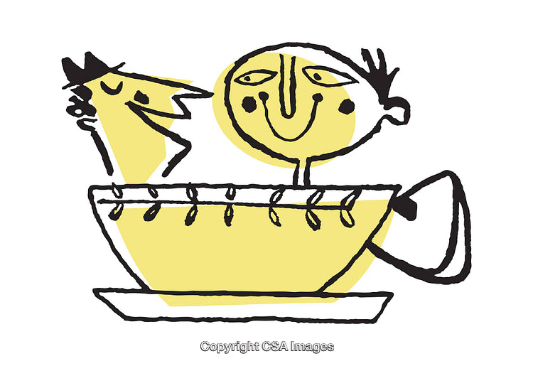 Playful Abstract Illustration of Figures in a Decorative Coffee Cup