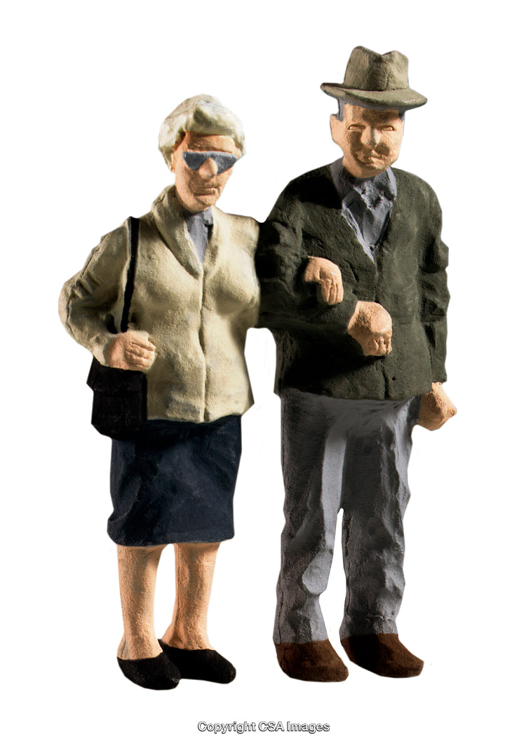 Elderly Figurines Holding Arms Representing Companionship and Senior Friendship