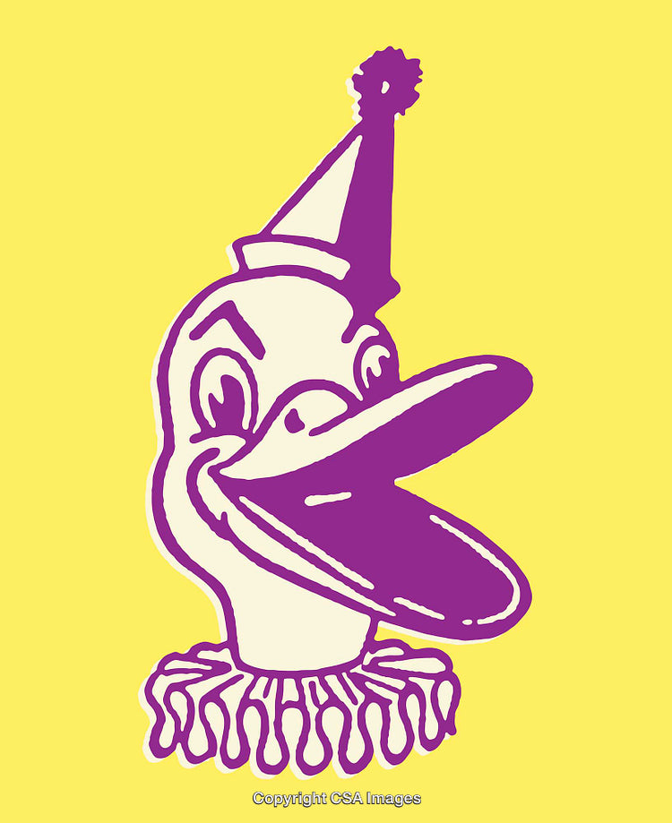 Purple Cartoon Duck Wearing a Party Hat on Yellow Background