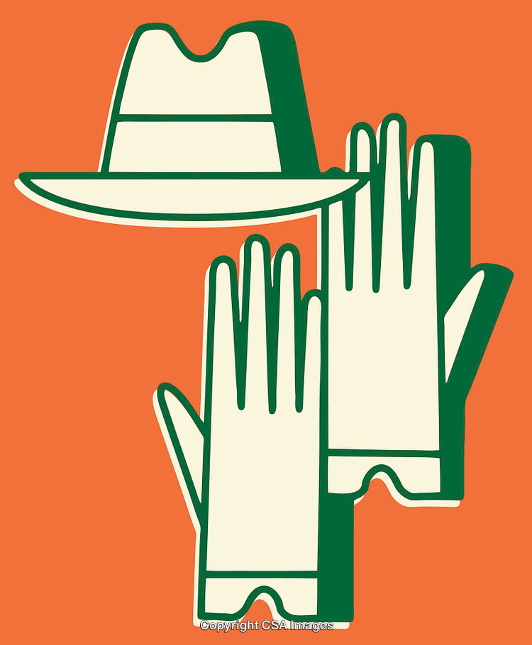 Retro Illustration of Gloves and Hat on Orange Background in Graphic Style