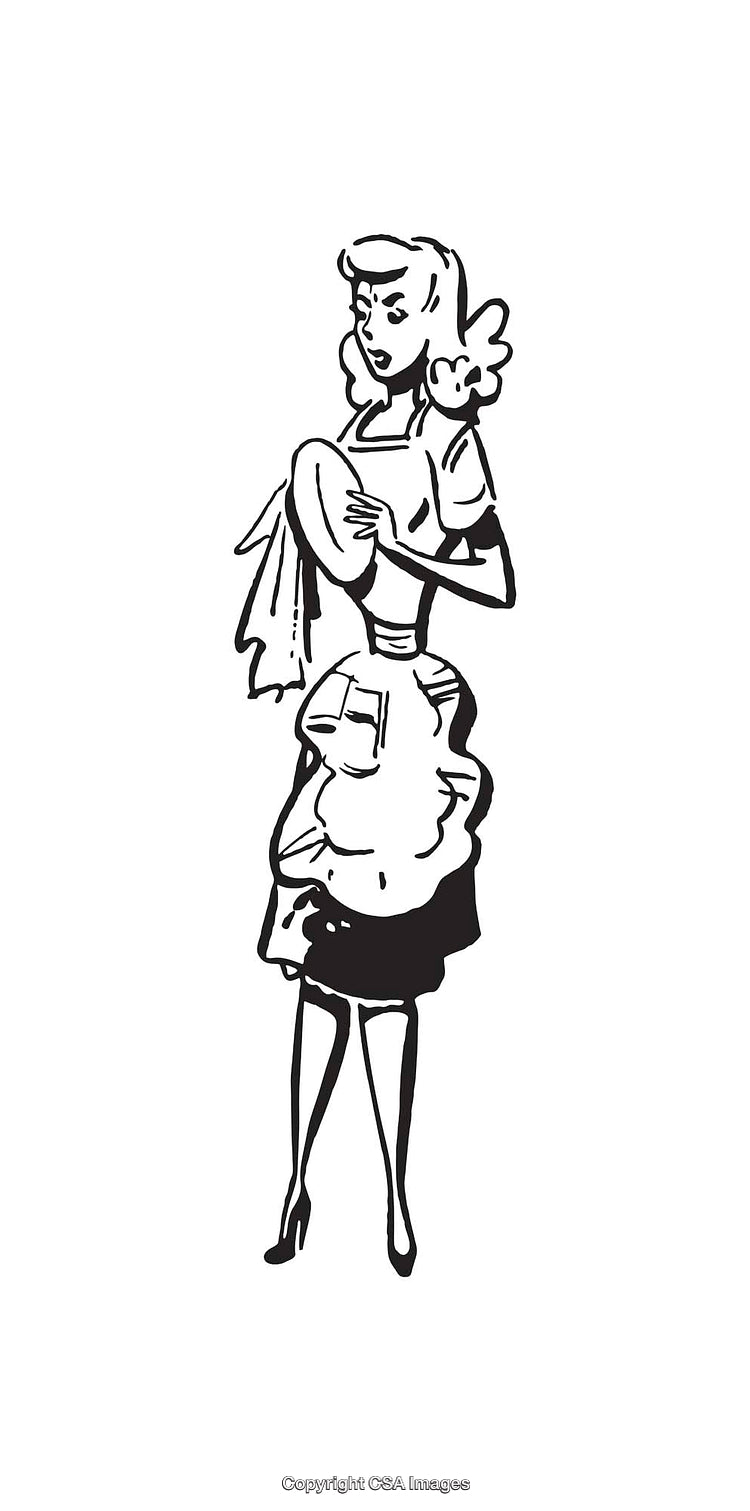 Elegant Retro Woman in Apron Line Art Illustration