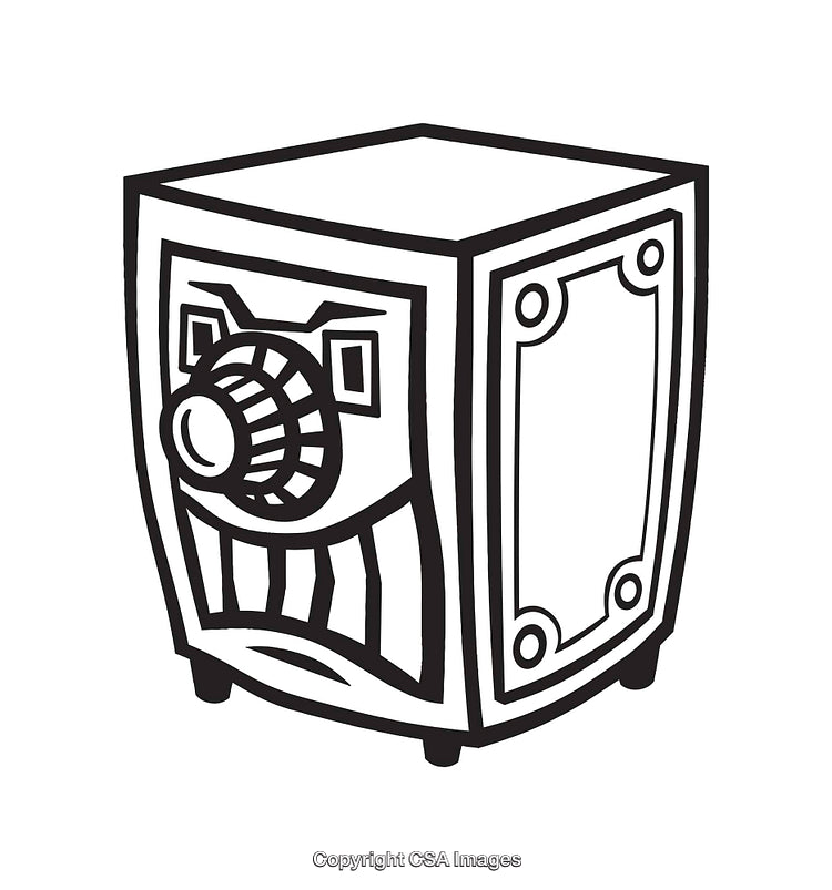 Black and White Drawing of a Vintage Safe with Combination Lock