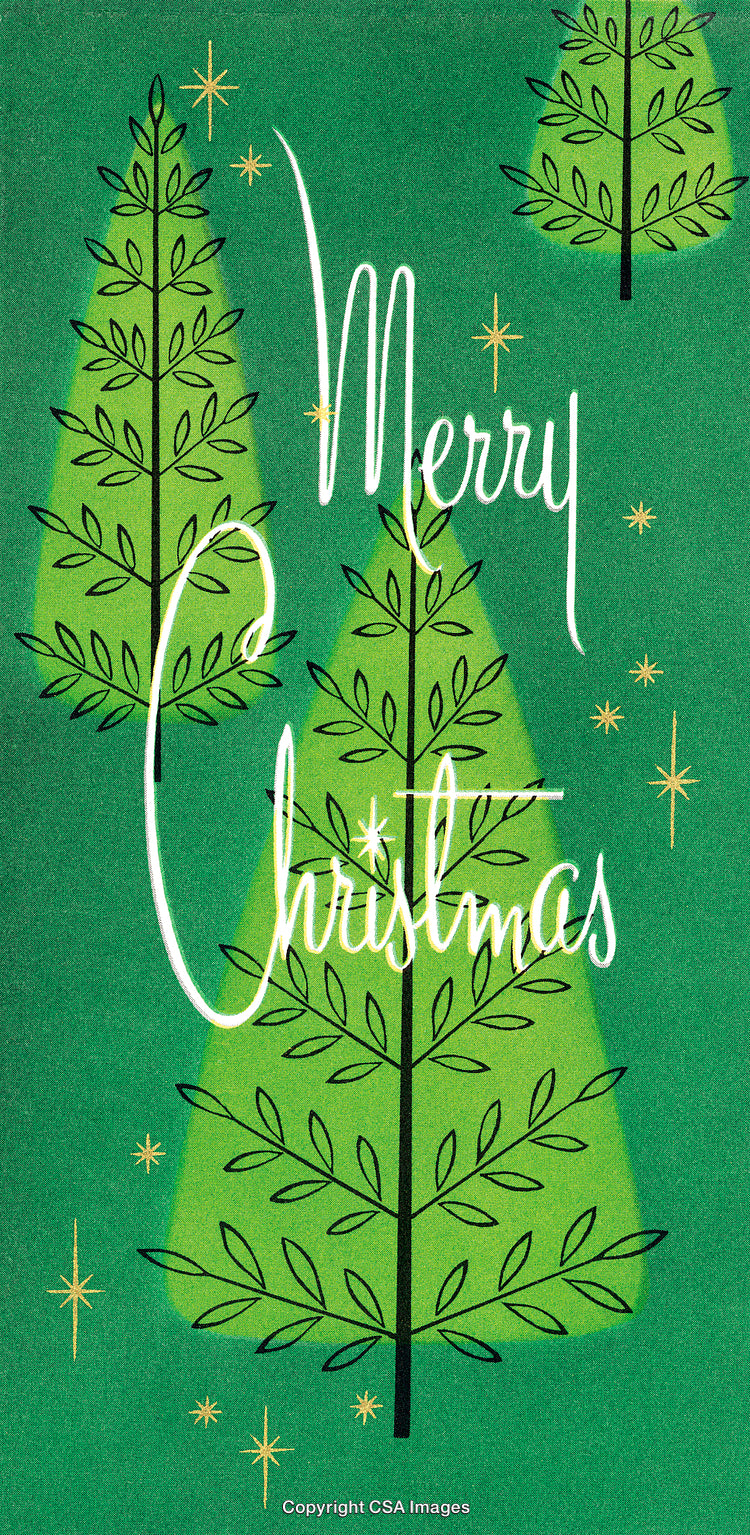 Vintage Merry Christmas Design with Stylized Green Trees on a Festive Background