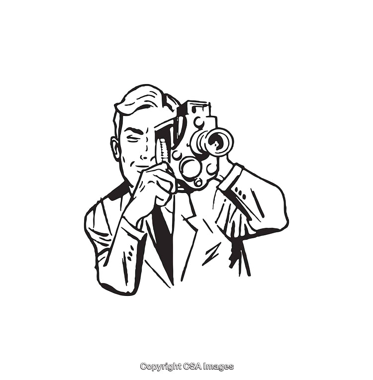 Black and White Illustration of a Man Filming With a Vintage Camera