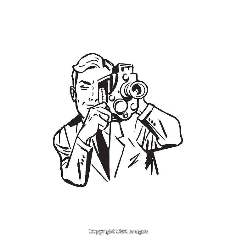 Black and White Illustration of a Man Filming With a Vintage Camera