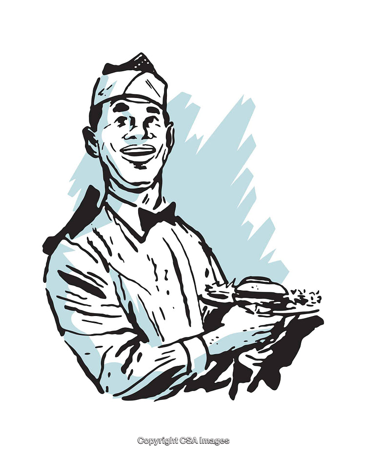 Retro Illustration of a Happy Server Holding a Meal